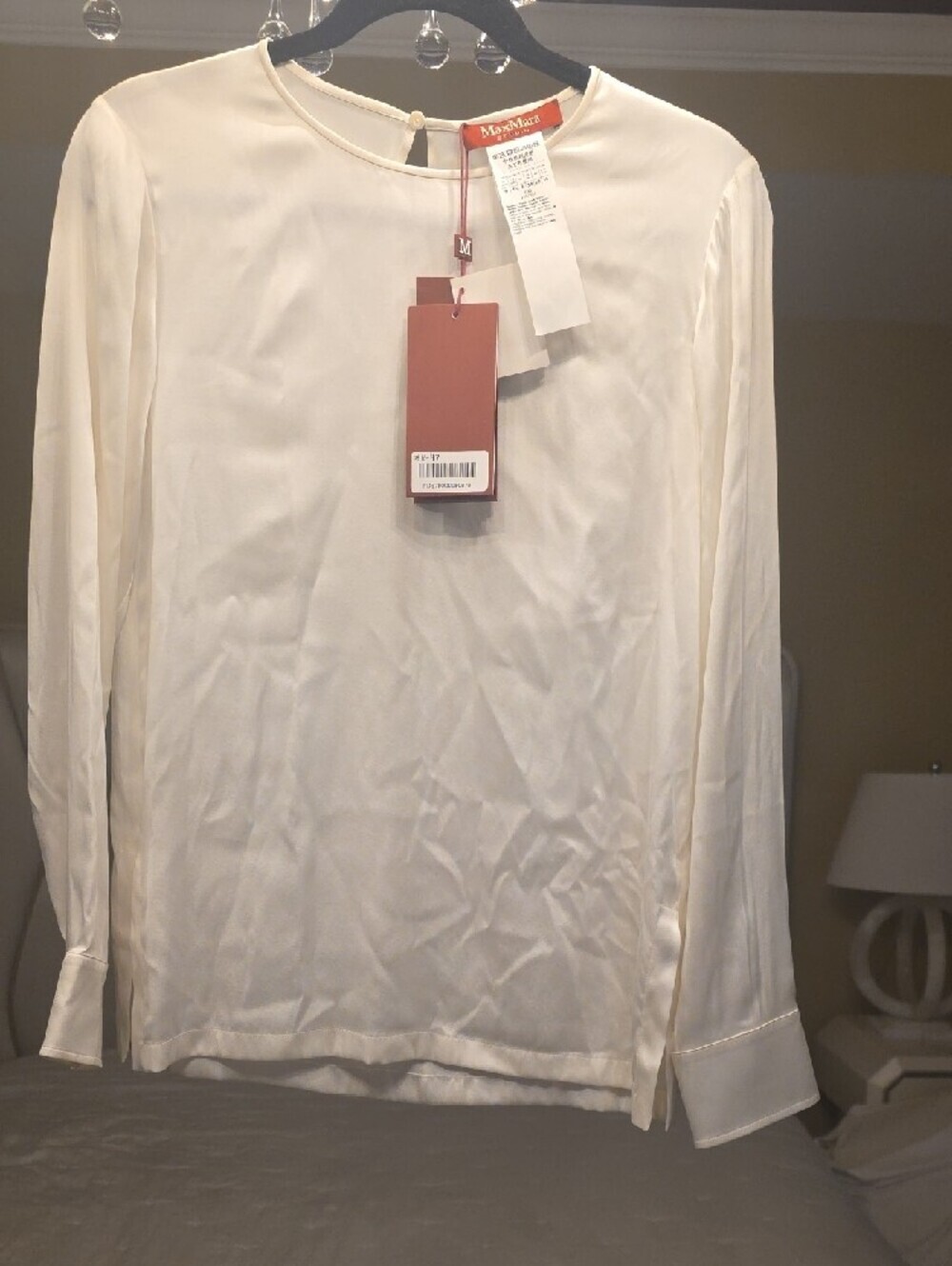 MaxMara LODI Ivory Silk Long-Sleeve Crewneck Blouse Size 6